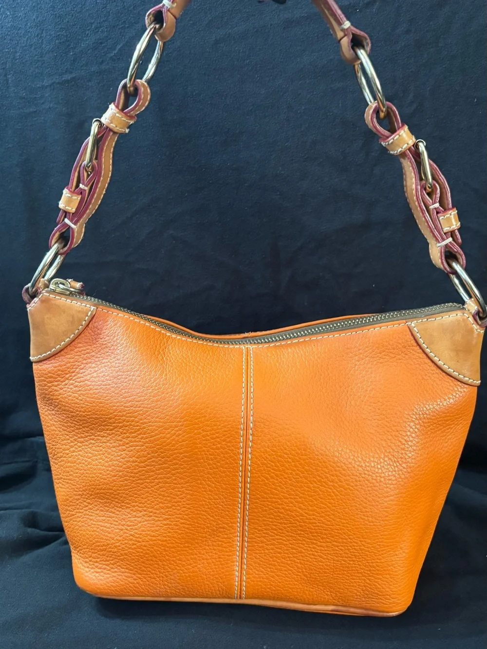 Dooney & Bourke Orange Pebbled Leather Shoulder Bag with Chain-Link Strap